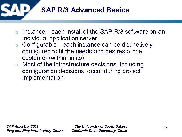 SAP R/3 Advanced Basics q q q Instance—each install of the SAP R/3 software