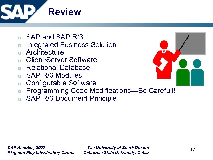 Review q q q q q SAP and SAP R/3 Integrated Business Solution Architecture