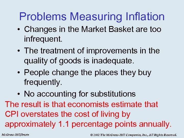 Problems Measuring Inflation • Changes in the Market Basket are too infrequent. • The