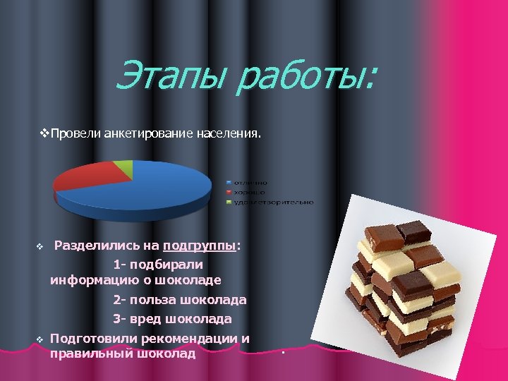 Этапы работы: v. Провели анкетирование населения. v Разделились на подгруппы: 1 - подбирали информацию