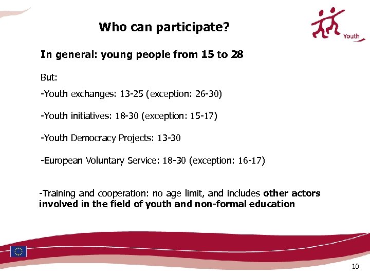 Who can participate? In general: young people from 15 to 28 But: -Youth exchanges: