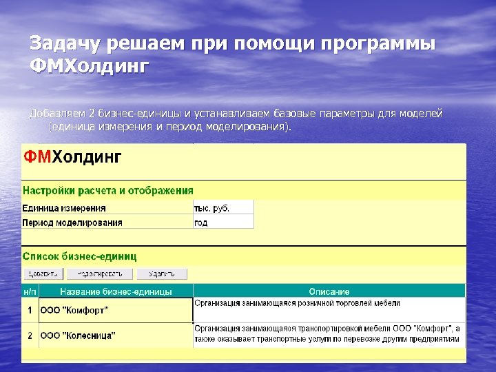 Задачу решаем при помощи программы ФМХолдинг Добавляем 2 бизнес-единицы и устанавливаем базовые параметры для