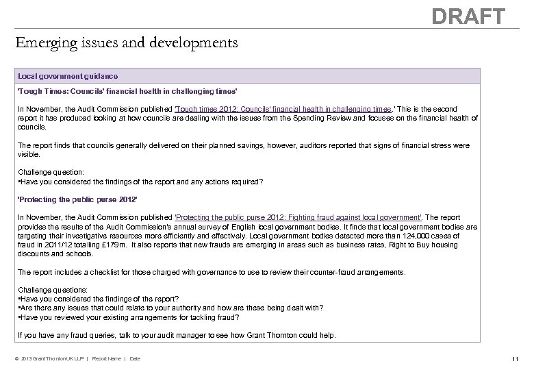 DRAFT Emerging issues and developments Local government guidance 'Tough Times: Councils' financial health in