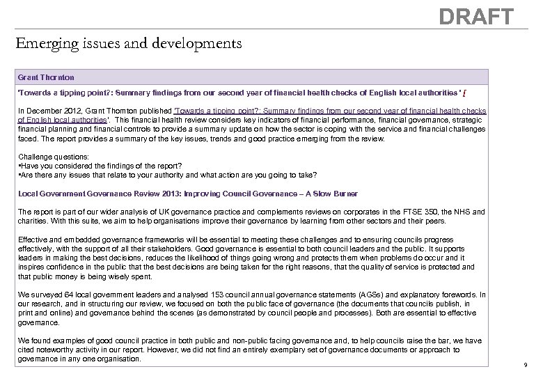DRAFT Emerging issues and developments Grant Thornton 'Towards a tipping point? : Summary findings