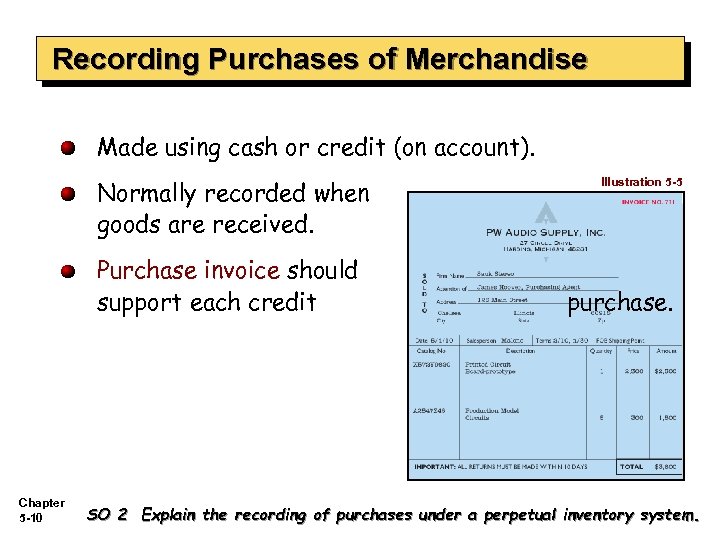 Recording Purchases of Merchandise Made using cash or credit (on account). Normally recorded when