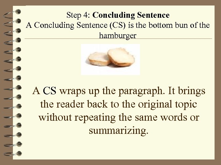 Step 4: Concluding Sentence A Concluding Sentence (CS) is the bottom bun of the