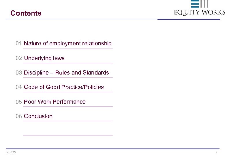 Contents 01 Nature of employment relationship 02 Underlying laws 03 Discipline – Rules and