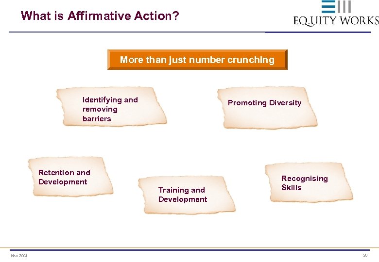 What is Affirmative Action? More than just number crunching Identifying and removing barriers Retention