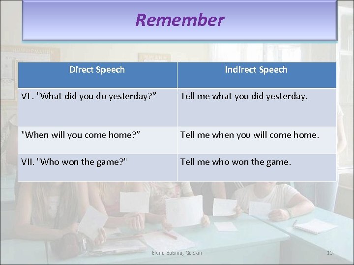 Remember Direct Speech Indirect Speech VI. "What did you do yesterday? ” Tell me