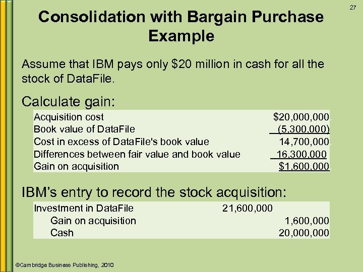 Consolidation with Bargain Purchase Example Assume that IBM pays only $20 million in cash