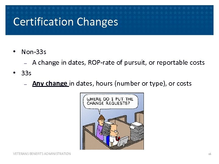 Certification Changes • Non-33 s ― A change in dates, ROP-rate of pursuit, or