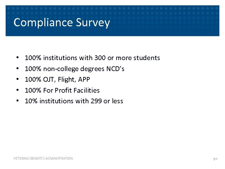 Compliance Survey • • • 100% institutions with 300 or more students 100% non-college