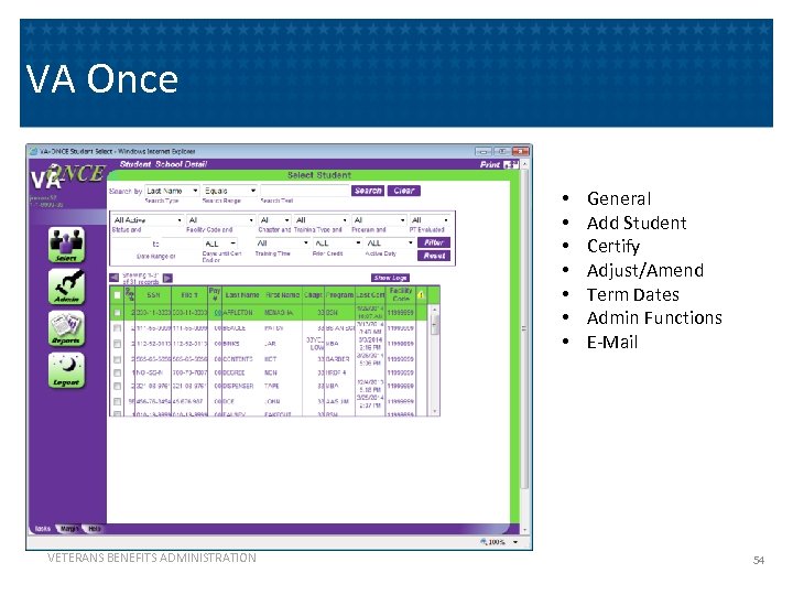 VA Once • • VETERANS BENEFITS ADMINISTRATION General Add Student Certify Adjust/Amend Term Dates