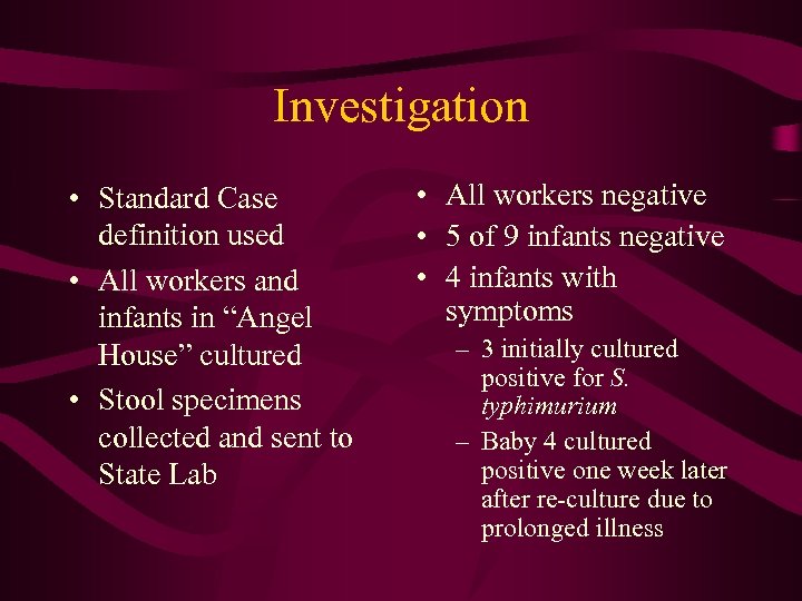 Investigation • Standard Case definition used • All workers and infants in “Angel House”