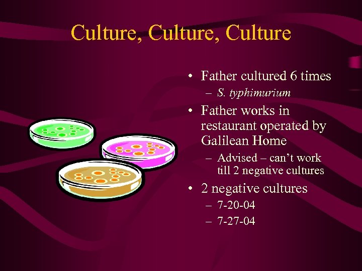 Culture, Culture • Father cultured 6 times – S. typhimurium • Father works in