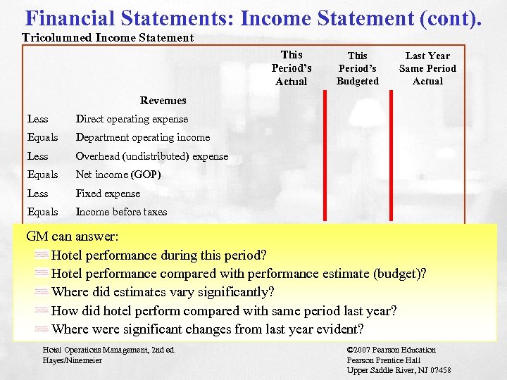 Financial Statements: Income Statement (cont). Tricolumned Income Statement This Period’s Actual This Period’s Budgeted