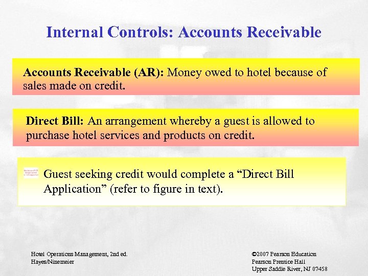 Internal Controls: Accounts Receivable (AR): Money owed to hotel because of sales made on