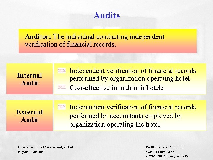 Audits Auditor: The individual conducting independent verification of financial records. Facility Engineering & Maintenance