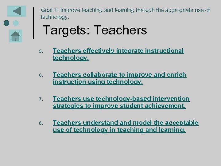 Goal 1: Improve teaching and learning through the appropriate use of technology. Targets: Teachers