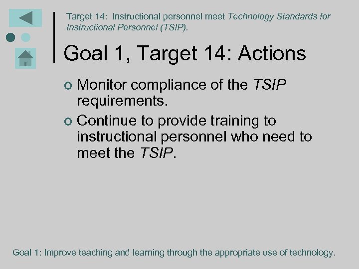 Target 14: Instructional personnel meet Technology Standards for Instructional Personnel (TSIP). Goal 1, Target