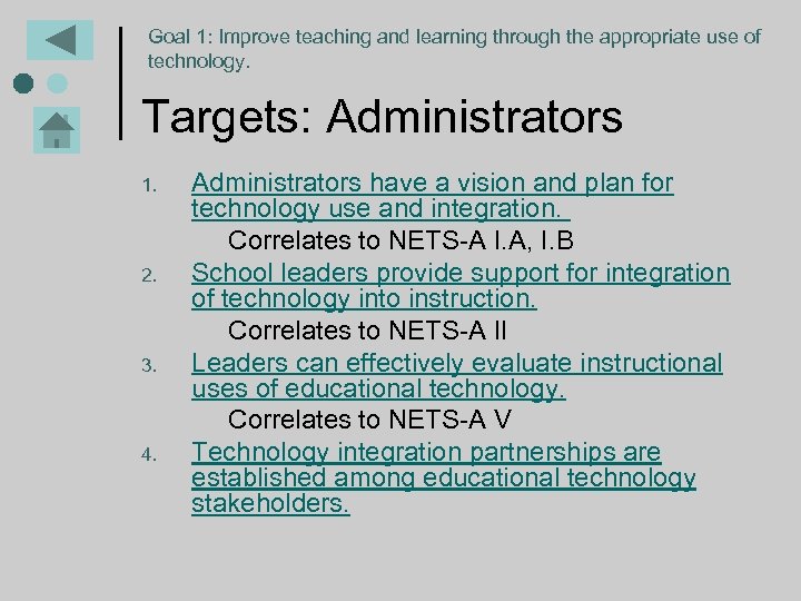Goal 1: Improve teaching and learning through the appropriate use of technology. Targets: Administrators