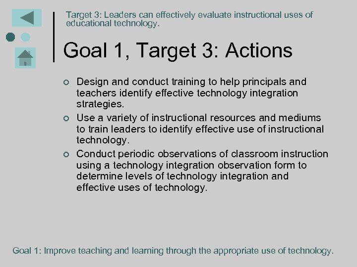 Target 3: Leaders can effectively evaluate instructional uses of educational technology. Goal 1, Target