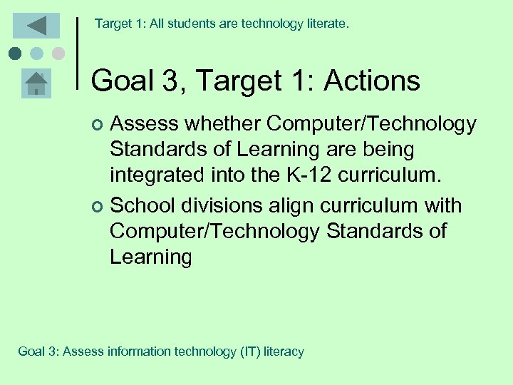 Target 1: All students are technology literate. Goal 3, Target 1: Actions Assess whether