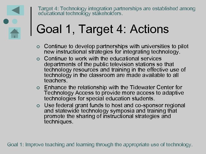 Target 4: Technology integration partnerships are established among educational technology stakeholders. Goal 1, Target