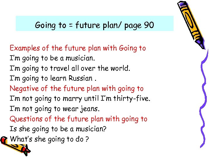 Going to = future plan/ page 90 Examples of the future plan with Going