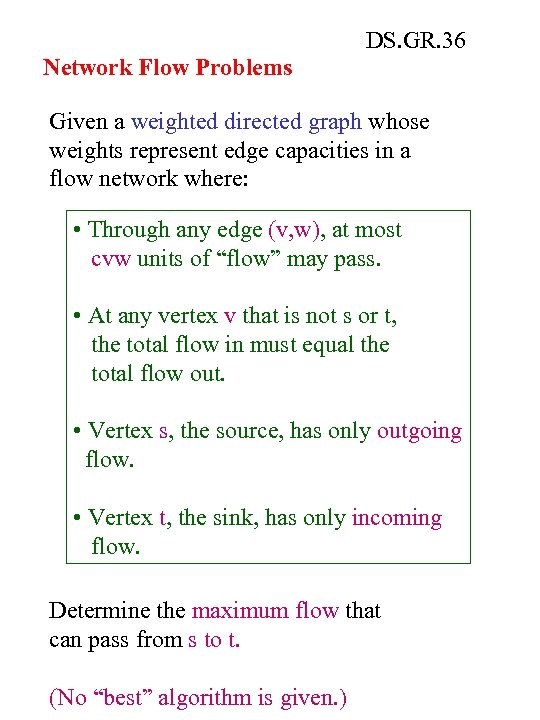 DS. GR. 36 Network Flow Problems Given a weighted directed graph whose weights represent