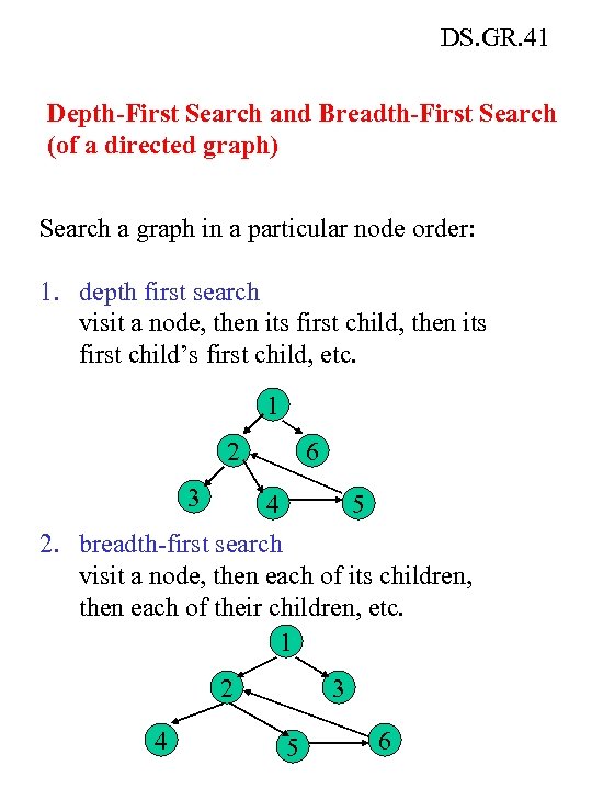DS. GR. 41 Depth-First Search and Breadth-First Search (of a directed graph) Search a