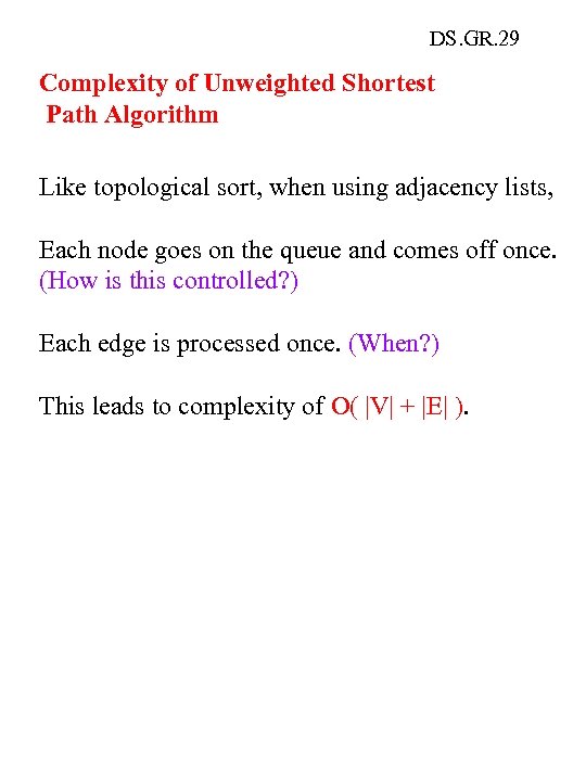 DS. GR. 29 Complexity of Unweighted Shortest Path Algorithm Like topological sort, when using