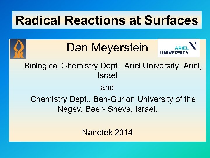 Radical Reactions at Surfaces Dan Meyerstein Biological Chemistry Dept. , Ariel University, Ariel, Israel