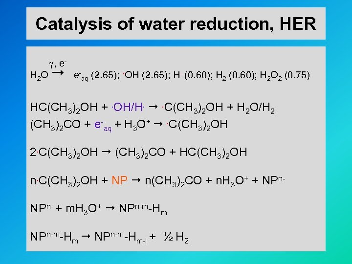 Catalysis of water reduction, HER , e. H 2 O e-aq (2. 65); .
