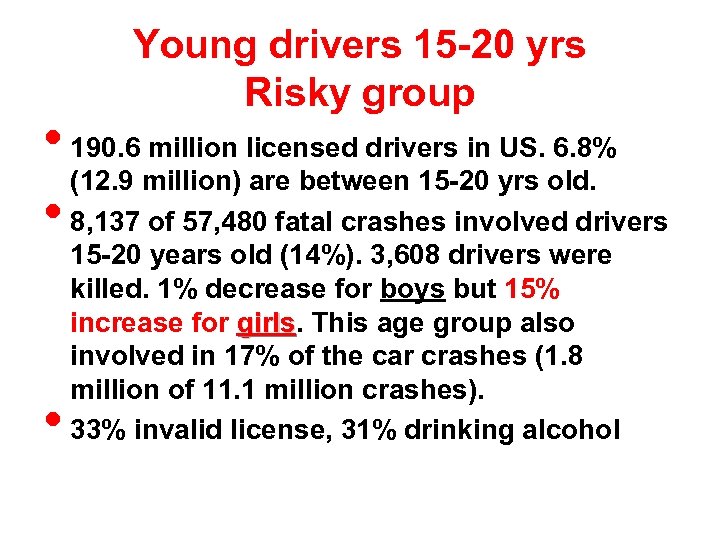 Young drivers 15 -20 yrs Risky group • 190. 6 million licensed drivers in