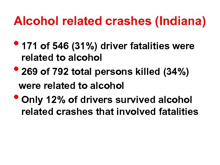 Alcohol related crashes (Indiana) • 171 of 546 (31%) driver fatalities were related to