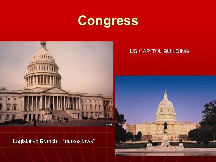 Congress US CAPITOL BUILDING Legislative Branch – “makes laws” 