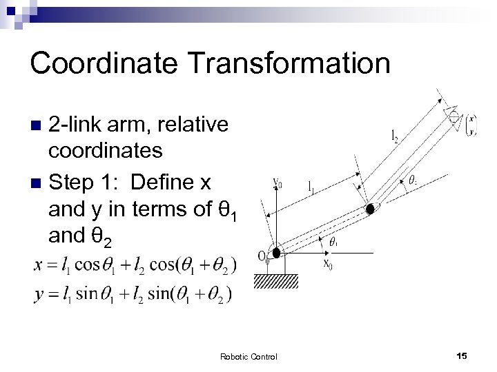 Coordinate Transformation 2 -link arm, relative coordinates n Step 1: Define x and y