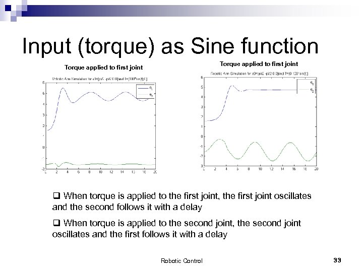 Input (torque) as Sine function Torque applied to first joint q When torque is