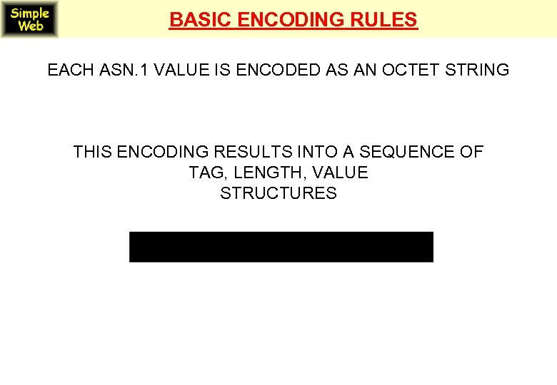 BASIC ENCODING RULES EACH ASN. 1 VALUE IS ENCODED AS AN OCTET STRING THIS