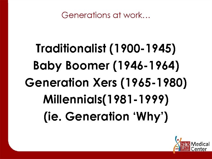 Generations at work… Traditionalist (1900 -1945) Baby Boomer (1946 -1964) Generation Xers (1965 -1980)