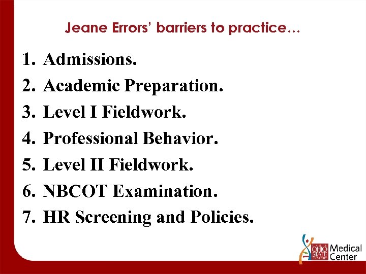 Jeane Errors’ barriers to practice… 1. 2. 3. 4. 5. 6. 7. Admissions. Academic