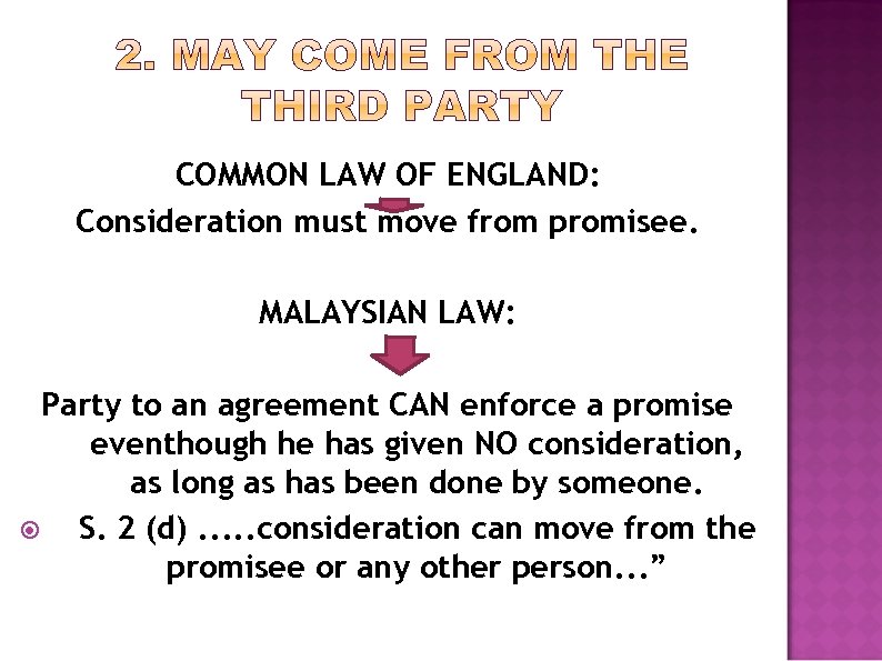 COMMON LAW OF ENGLAND: Consideration must move from promisee. MALAYSIAN LAW: Party to an