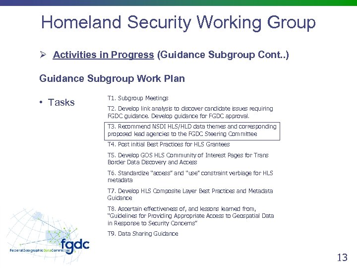 Homeland Security Working Group Ø Activities in Progress (Guidance Subgroup Cont. . ) Guidance