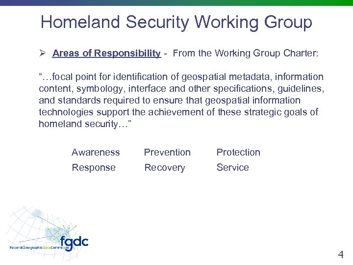 Homeland Security Working Group Ø Areas of Responsibility - From the Working Group Charter: