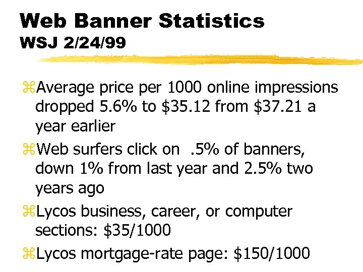 Web Banner Statistics WSJ 2/24/99 z. Average price per 1000 online impressions dropped 5.