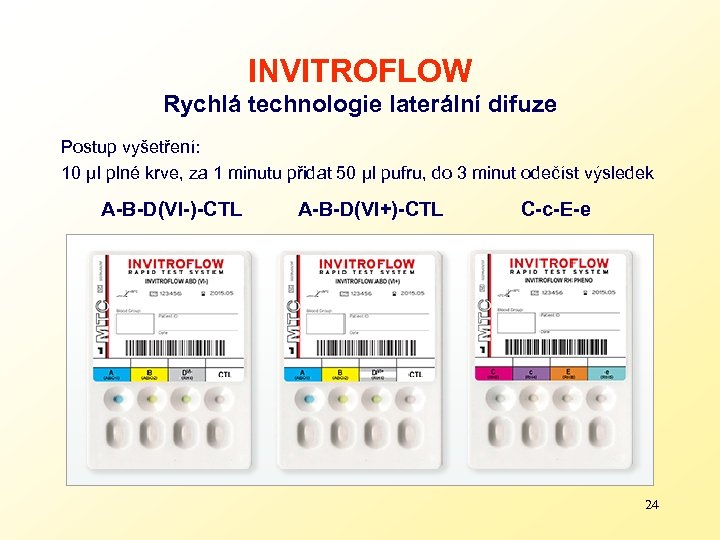INVITROFLOW Rychlá technologie laterální difuze Postup vyšetření: 10 µl plné krve, za 1 minutu
