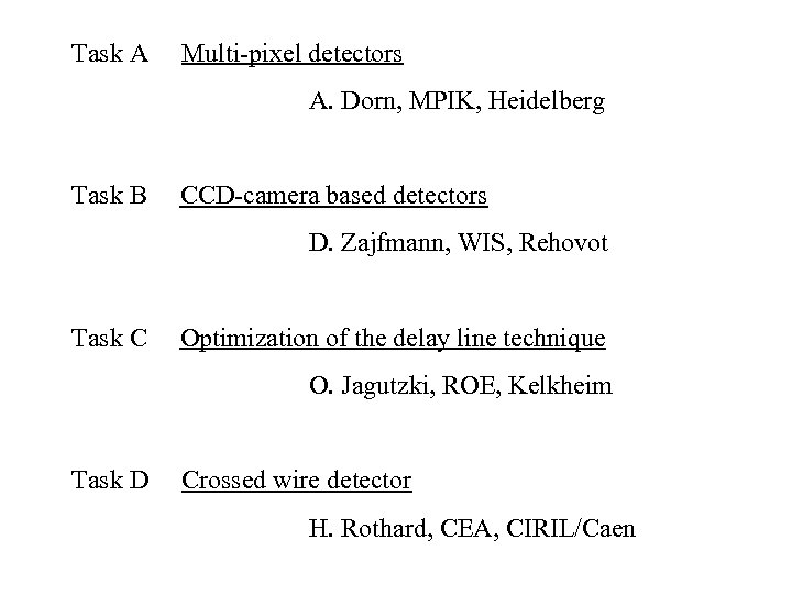 Task A Multi-pixel detectors A. Dorn, MPIK, Heidelberg Task B CCD-camera based detectors D.