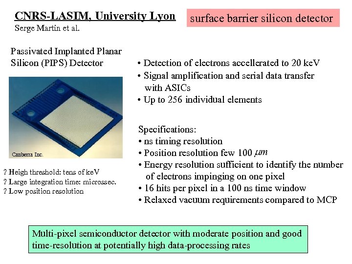 CNRS-LASIM, University Lyon surface barrier silicon detector Serge Martin et al. Passivated Implanted Planar