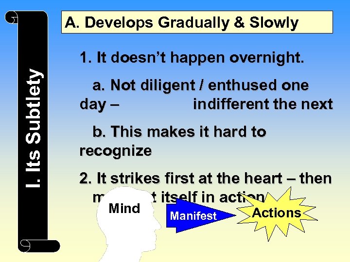 A. Develops Gradually & Slowly I. Its Subtlety 1. It doesn’t happen overnight. a.